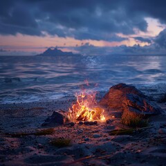 A beach bonfire glowing brightly on a quiet shore, surrounded by the soft glow of the ocean at night.