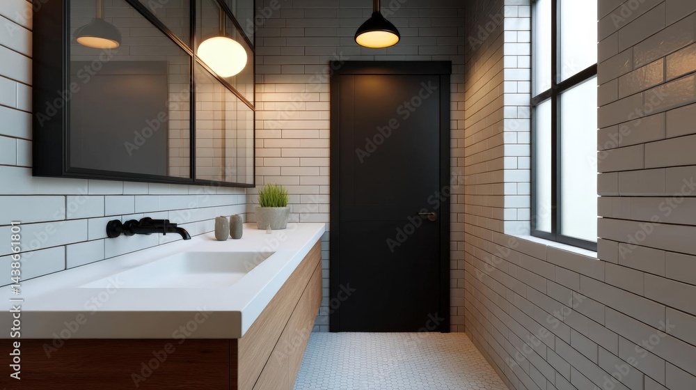 Poster modern bathroom with a minimalist design. the walls are covered in white subway tiles, and there is 