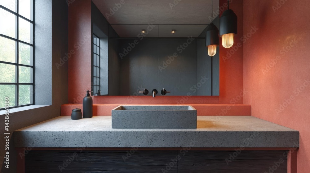 Poster modern bathroom with a large window on the left side. the window has a black frame and is letting in