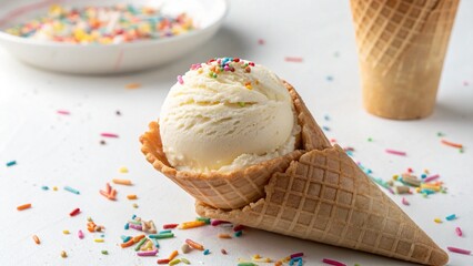 A single, round scoop of rich vanilla ice cream with a glossy, creamy texture, nestled in a crisp waffle cone and generously sprinkled with rainbow toppings. High-resolution studio shot on a clean whi