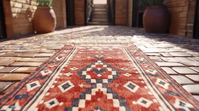 Decorative rug on brick floor