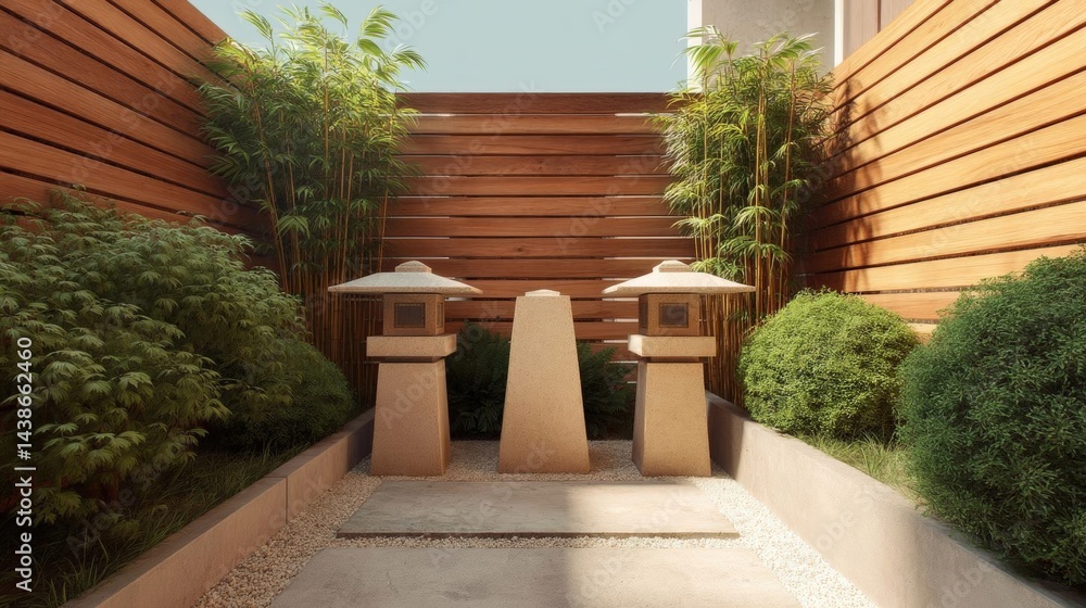 Poster modern garden with a wooden fence on the left side and a variety of plants and shrubs on the right s