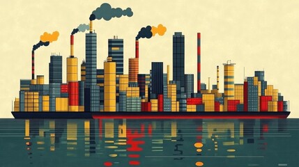 Fototapeta premium Colorful illustration of a cargo ship with industrial skyline reflecting in calm waters