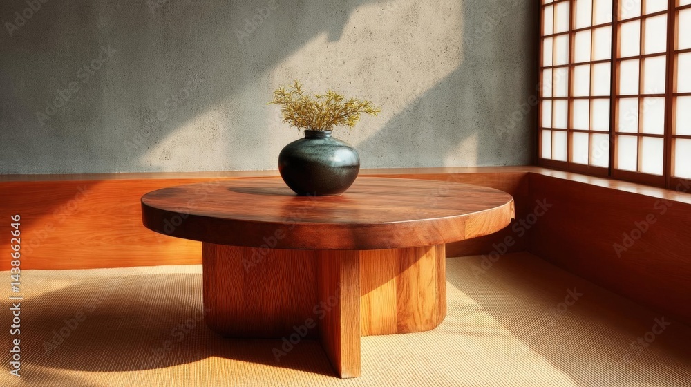 Poster round wooden table in a room with a large window on the right side. the table is made of a light-col