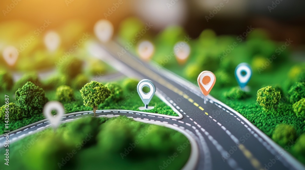 Poster miniature road map model with location markers showing route planning and navigation.