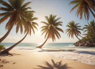 Obraz premium Sun-drenched palm trees lean over a vintage-toned sandy beach, ocean waves gently lapping the shore , tropical background, flare