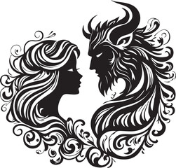 Beauty Beast Couple Silhouette Vector Ornate Fairytale Illustration Black Isolated Love