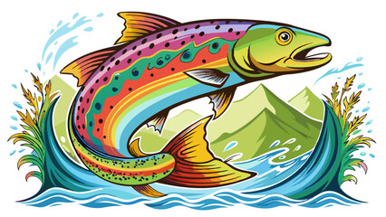 Very beautiful Rainbow trout jumping out of the water. white background