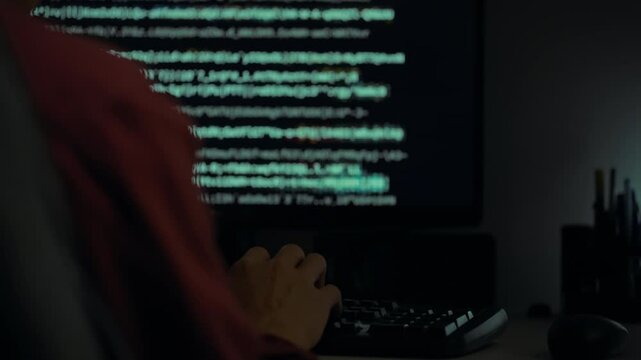 A person is focused on coding at a computer in a dark room. The screen displays scrolling lines of code, highlighting the intensity of the programming task at night