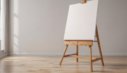 Wooden easel legs and base support a large blank canvas ,  tools,  texture,  image