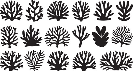 Fototapeta premium Coral Silhouette Set Vector Marine Sea Life Icons Underwater Reef Black Isolated
