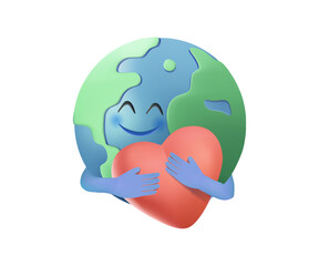 Cute Earth smiling and holding a heart with hands for Earth day. Symbol of love and environmental care. Vector
