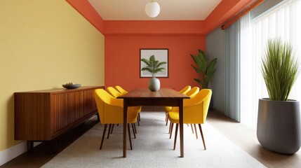 Fototapeta premium Modern dining room with a wooden table and six yellow chairs. the walls are painted in a bright orange color, and the floor is covered with a beige area rug.