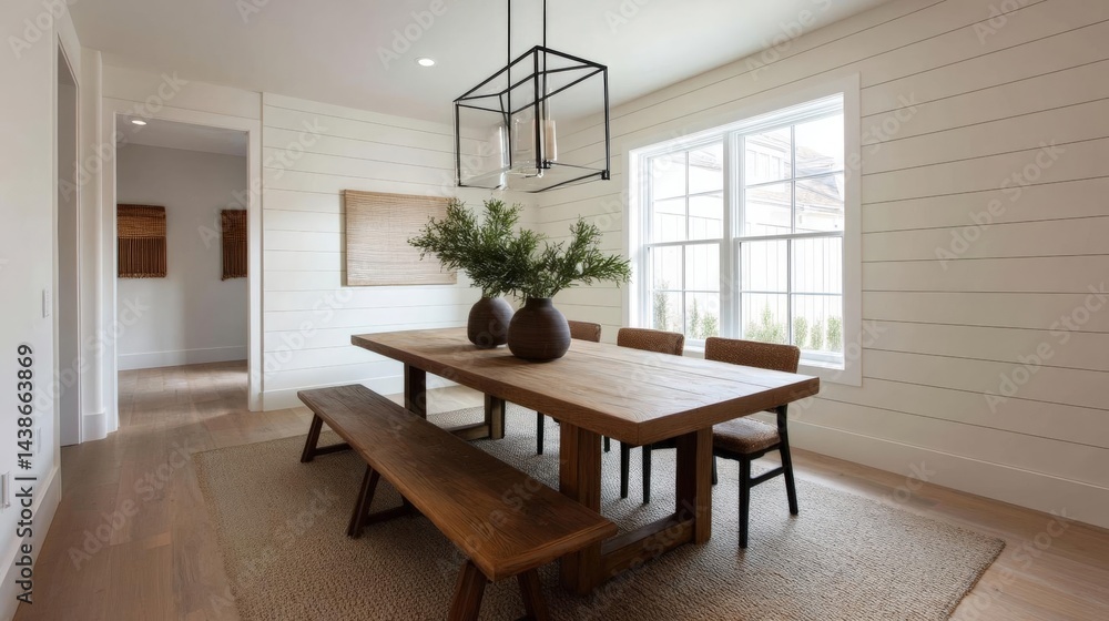 Poster modern dining room with a wooden table and six chairs. the table is rectangular in shape and has a w