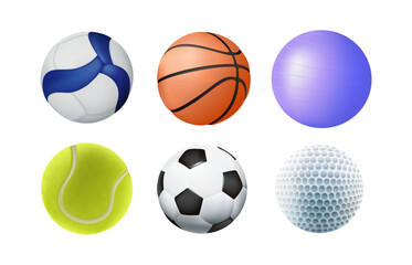 Collection of different sport ball vector illustration. Basketball, volley ball,tennis ball, soccer ball, football ball, fitness and golf balls. Sport equipment icons for shop, app or website