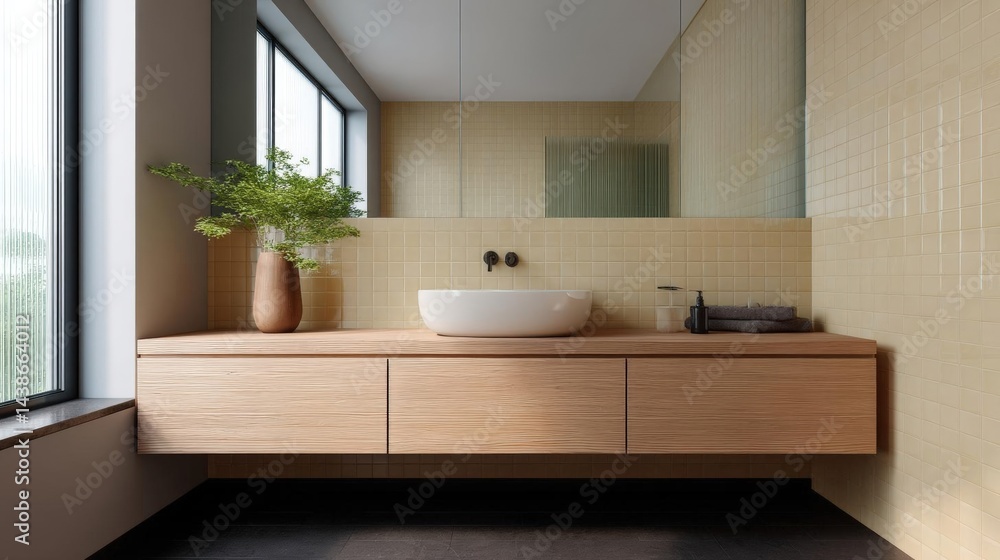 Poster modern bathroom with a large window on the left side. the window has a view of trees and greenery ou
