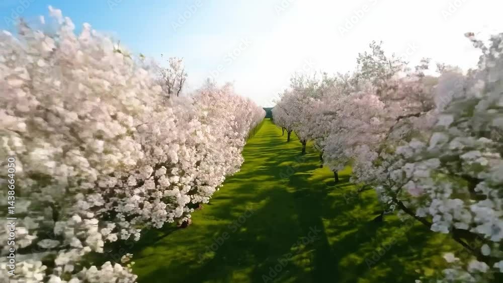 Poster vast field of pink flowers with a row of trees in the middle. the trees are scattered throughout the