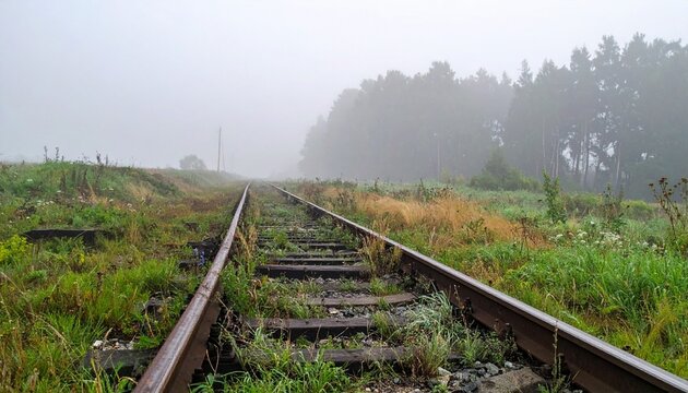 Rusty railway tracks with weeds vanishing into thick morning fog