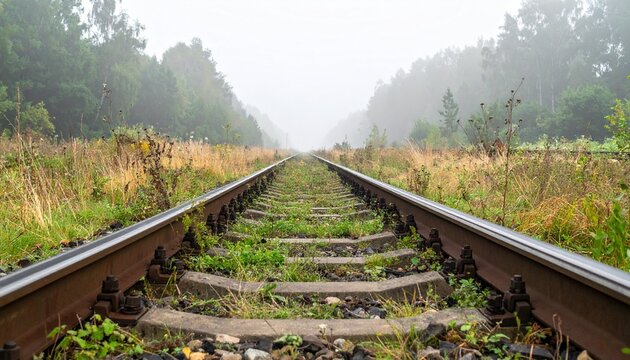 Rusty railway tracks with weeds vanishing into thick morning fog