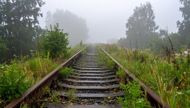 Rusty railway tracks with weeds vanishing into thick morning fog