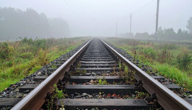 Rusty railway tracks with weeds vanishing into thick morning fog