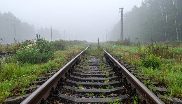 Rusty railway tracks with weeds vanishing into thick morning fog