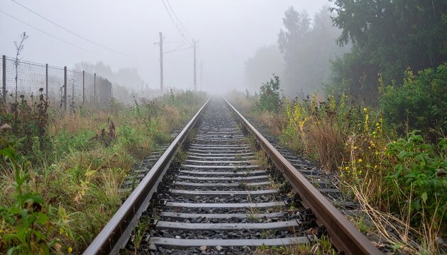 Rusty railway tracks with weeds vanishing into thick morning fog