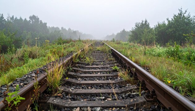 Rusty railway tracks with weeds vanishing into thick morning fog