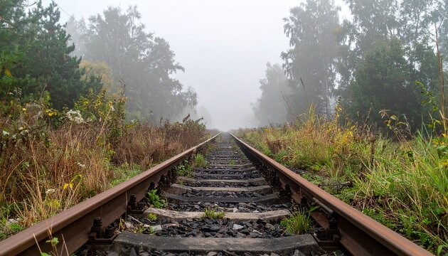 Rusty railway tracks with weeds vanishing into thick morning fog