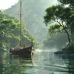 A classic wooden sailboat floating serenely in a calm bay, surrounded by lush greenery and a gentle mist rising from the water's surface.