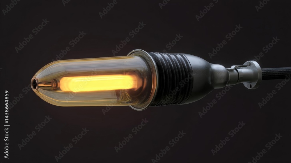 Poster close-up of a light bulb with a black cord attached to it. the light bulb has a cylindrical shape wi
