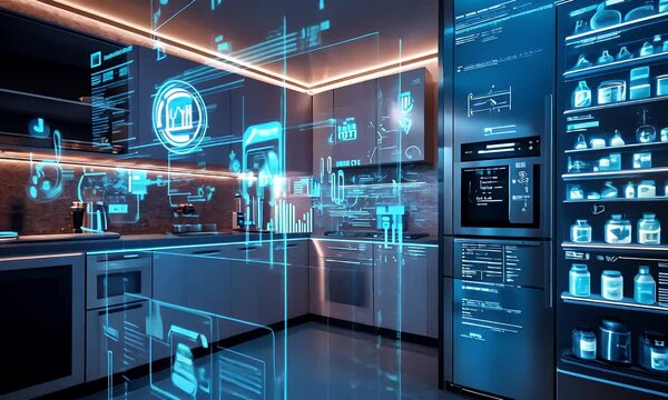 Futuristic smart kitchen interior with holographic displays
