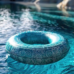 A close-up of a luxurious round pool float with intricate designs, floating in the middle of a calm, pristine pool.