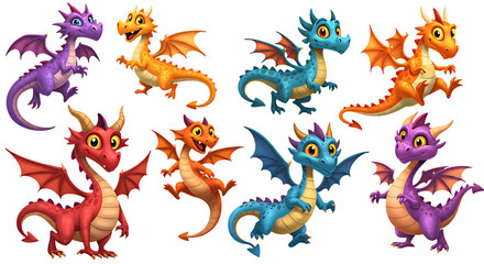 Collection of eight colorful cartoon dragons standing on a black background illustration on transparent background