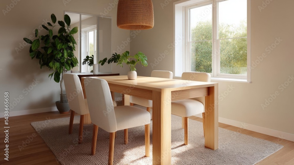 Poster modern dining room with a wooden table and six chairs. the table is rectangular in shape and has a l