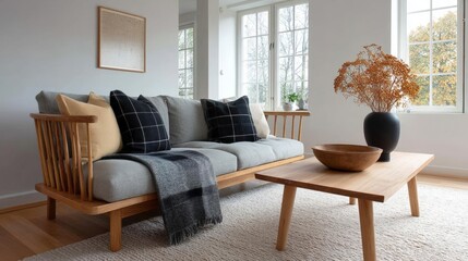 Fototapeta premium Modern living room with a large window on the right side. the window has white frames and is letting in natural light.