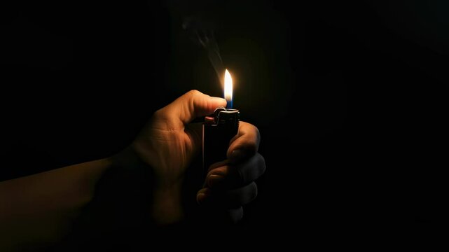 Hand holding lighter in darkness creating light and smoke. Lighter igniting flame for fire concept background. Close up of smoking lighter motion clip for survival or danger theme video.