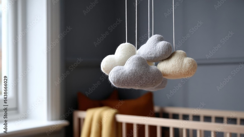 Poster mobile hanging from strings in a nursery room. the mobile is made of felt and is in the shape of thr