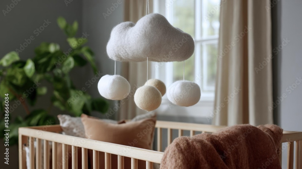 Poster White cloud-shaped mobile hanging from a string in a nursery room. the mobile is made of felt and has three white balls attached to it.
