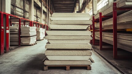 Obraz premium Stacked mattresses in a warehouse setting, showcasing organized storage and industrial environment