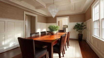 Fototapeta premium Dining room with a large wooden table in the center. the table is surrounded by six dark brown chairs with a woven seat and backrest.