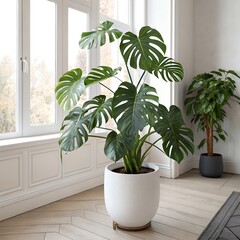 Fototapeta premium Lush Monstera Deliciosa Plant in Stylish White Pot