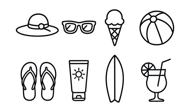 Summer holiday icon set – hat, sunglasses, ice cream, beach ball, flip flops, sunscreen, surfboard, cocktail