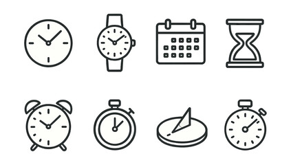 Timepiece icons set – clock, watch, calendar, hourglass, stopwatch, alarm, sundial, timer