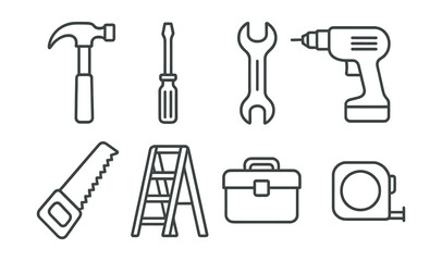 Essential construction tools icons set – hammer, screwdriver, wrench, drill, saw, ladder, toolbox, tape measure