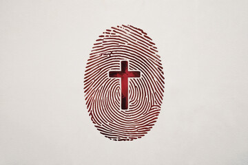Christian Identity Red Cross Symbol in Fingerprint on White Surface