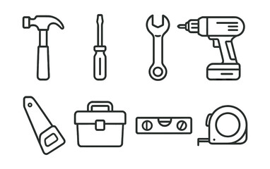 Obraz premium Linear construction tools set – hammer, screwdriver, wrench, drill, saw, toolbox