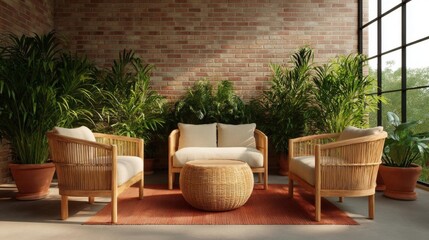 Modern outdoor living space with a brick wall and large windows. the floor is covered with an orange area rug and there are several potted plants scattered around the room.