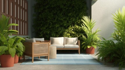Modern outdoor seating area with a wooden sofa, a wooden coffee table, and several potted plants. the sofa is made of light-colored wood and has white cushions.
