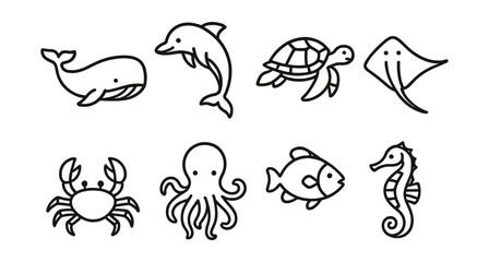 Aquatic theme icon set – whale, dolphin, turtle, ray, crab, octopus, fish, seahorse